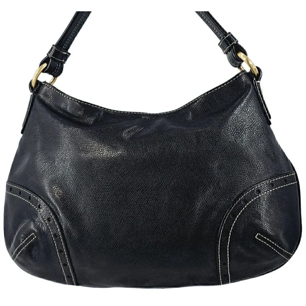 TALBOTS Black Glazed Textured Leather Hobo Shoulder Bag Silver Hardware Tassel